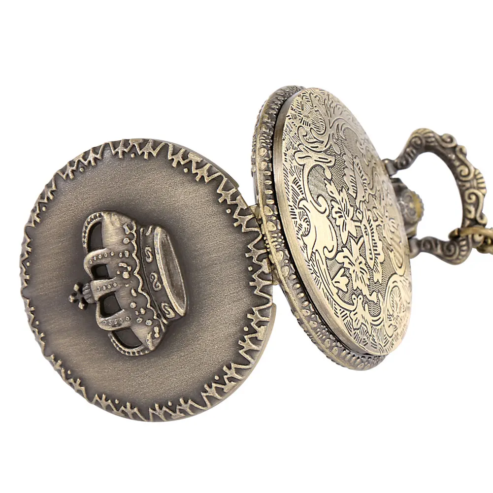 Crown Display Bronze Necklace Pendant Pocket Watch Sweater Chain Pocket Clock Collection Antique Watches Gifts Men Women Kids