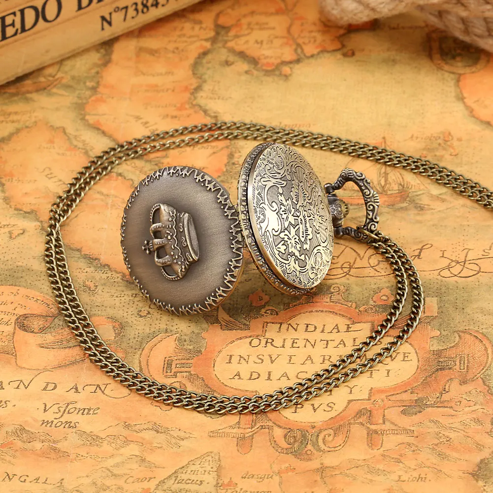 Crown Display Bronze Necklace Pendant Pocket Watch Sweater Chain Pocket Clock Collection Antique Watches Gifts Men Women Kids