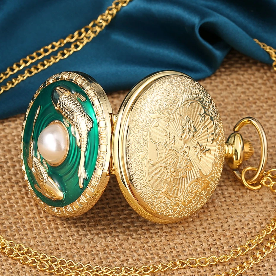 Top Luxury Golden Pisces Necklace Quartz Pocket Watch Vivid Fish Pearl Pattern FOB Chain Green Pendant Constellation Clock Gifts
