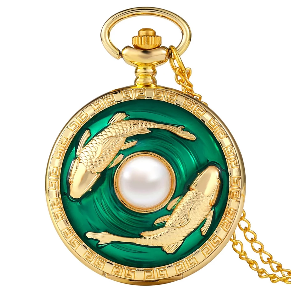 Top Luxury Golden Pisces Necklace Quartz Pocket Watch Vivid Fish Pearl Pattern FOB Chain Green Pendant Constellation Clock Gifts