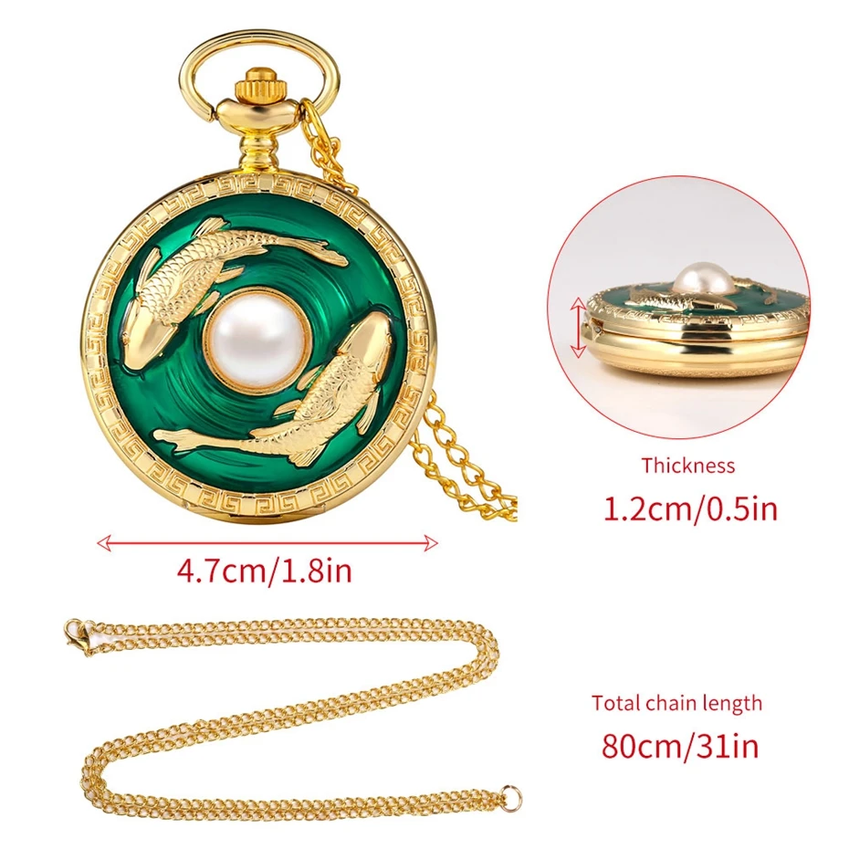Top Luxury Golden Pisces Necklace Quartz Pocket Watch Vivid Fish Pearl Pattern FOB Chain Green Pendant Constellation Clock Gifts