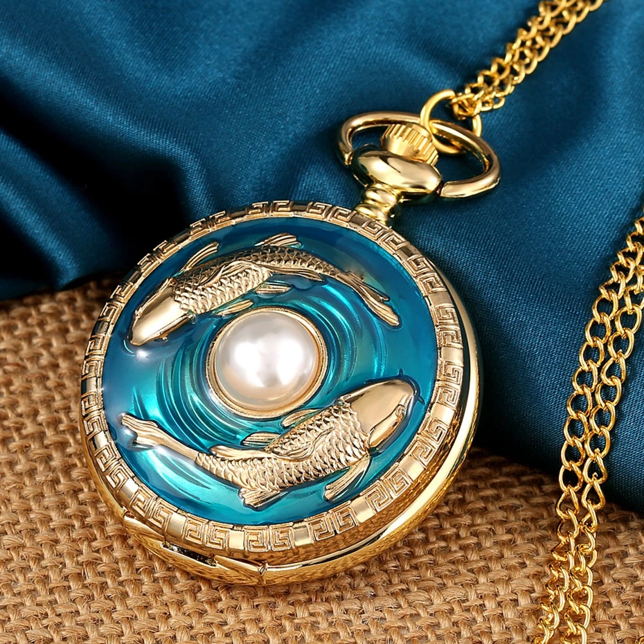 Top Luxury Golden Pisces Necklace Quartz Pocket Watch Vivid Fish Pearl Pattern FOB Chain Green Pendant Constellation Clock Gifts