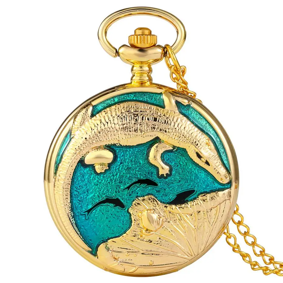 Top Luxury Golden Pisces Necklace Quartz Pocket Watch Vivid Fish Pearl Pattern FOB Chain Green Pendant Constellation Clock Gifts