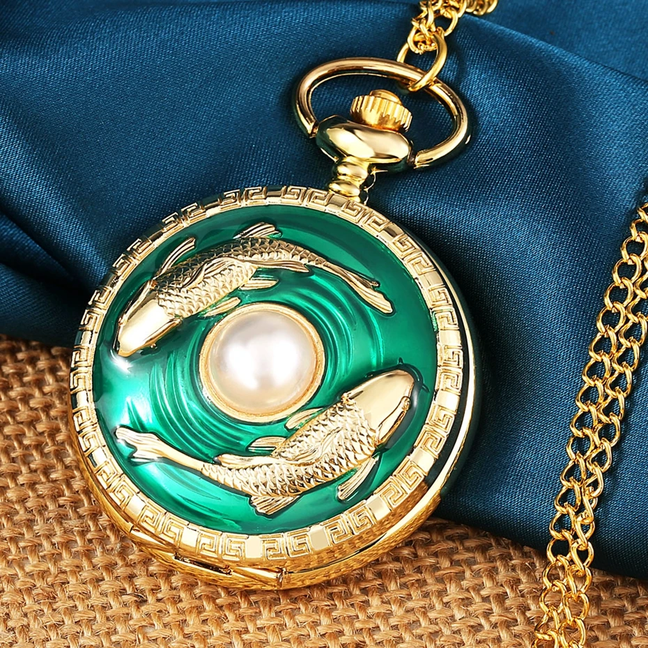 Top Luxury Golden Pisces Necklace Quartz Pocket Watch Vivid Fish Pearl Pattern FOB Chain Green Pendant Constellation Clock Gifts