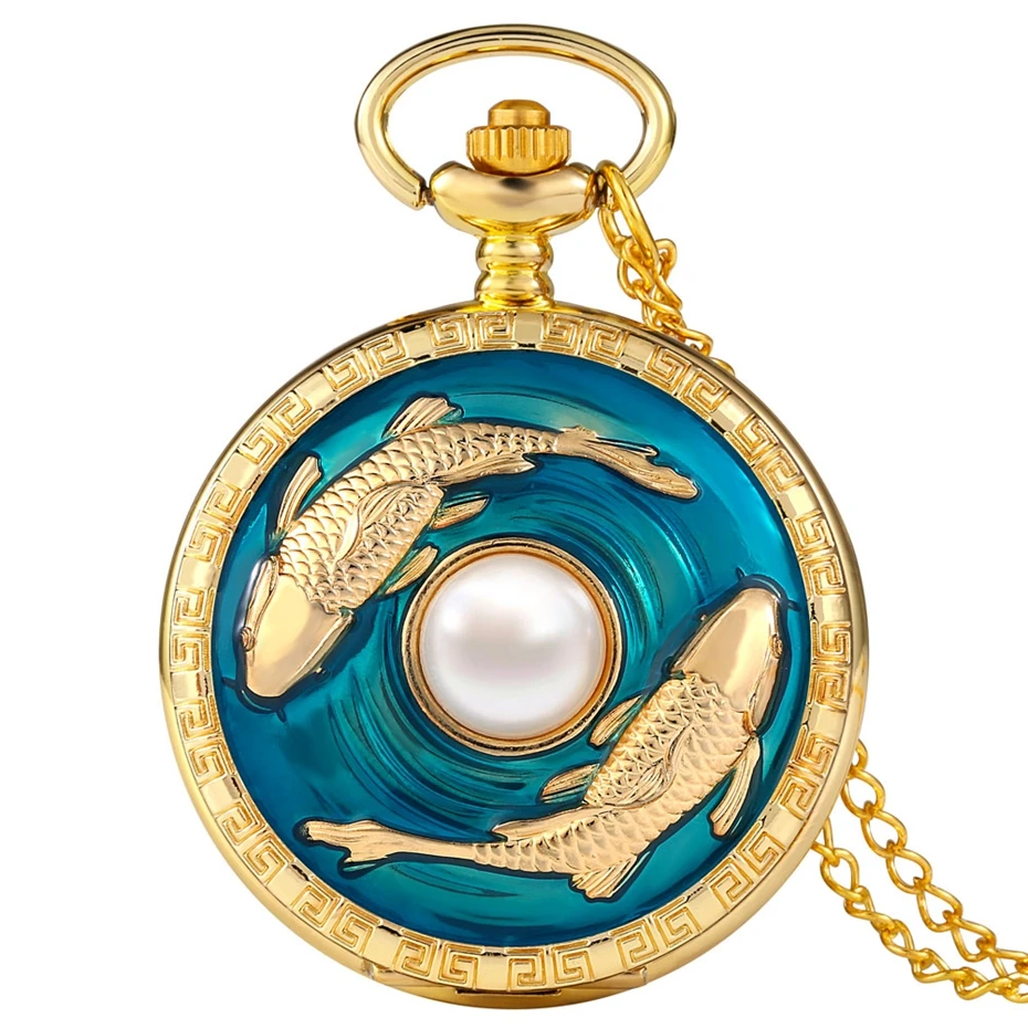 Top Luxury Golden Pisces Necklace Quartz Pocket Watch Vivid Fish Pearl Pattern FOB Chain Green Pendant Constellation Clock Gifts