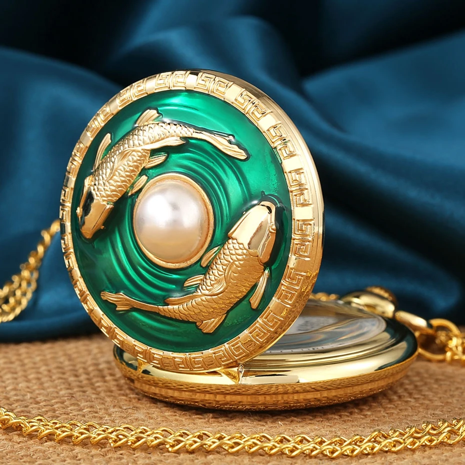 Top Luxury Golden Pisces Necklace Quartz Pocket Watch Vivid Fish Pearl Pattern FOB Chain Green Pendant Constellation Clock Gifts