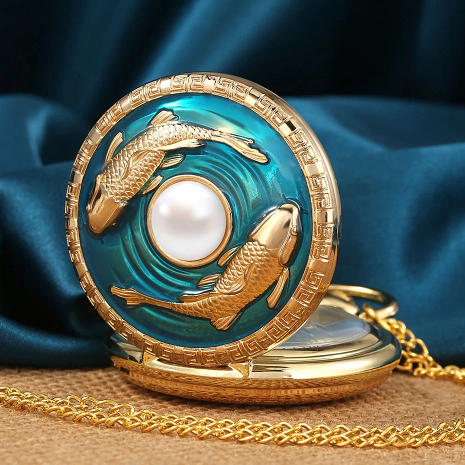 Top Luxury Golden Pisces Necklace Quartz Pocket Watch Vivid Fish Pearl Pattern FOB Chain Green Pendant Constellation Clock Gifts