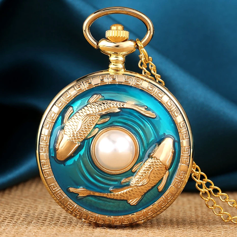 Top Luxury Golden Pisces Necklace Quartz Pocket Watch Vivid Fish Pearl Pattern FOB Chain Green Pendant Constellation Clock Gifts
