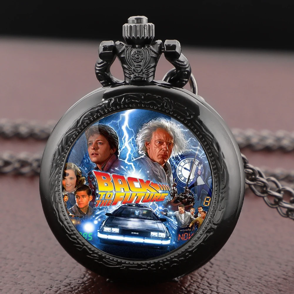 Back to the Future Pocket Watch Necklace Pendant Multi Pattern Retro Silver Chain Fashion Accessory for Women Men Movie theme