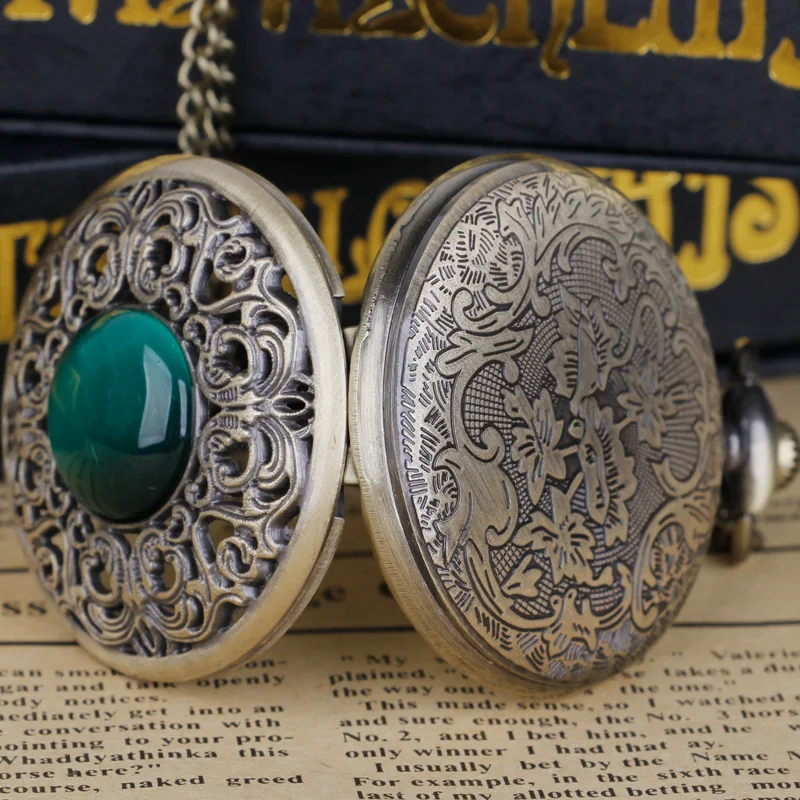 Vintage Arabic numerals face hollowed-out carving jade quartz pocket watch Bronze elegant style ladies gift clothing accessories