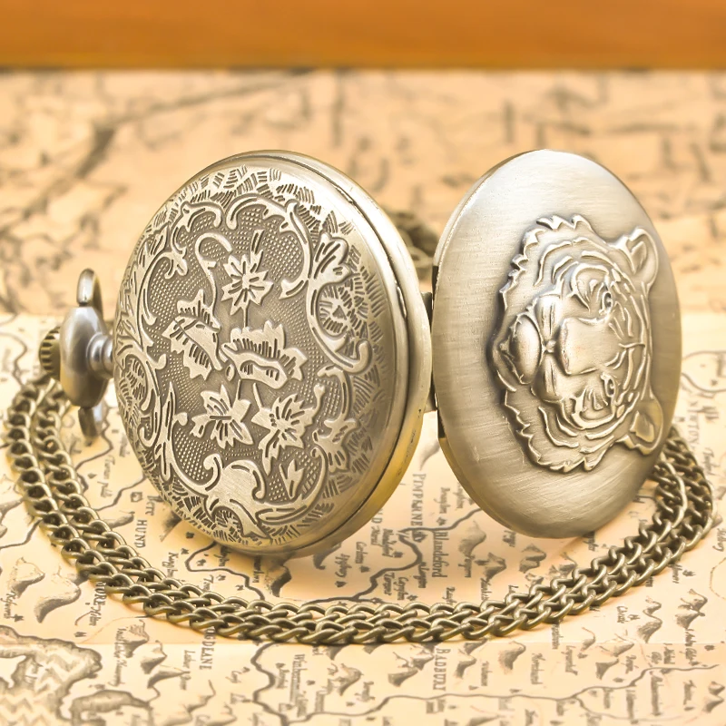 Steampunk Vintage Bronze Animal Tiger Quartz Pocket Watch Necklace Pendant Clock Chain Men Women Chain Gift