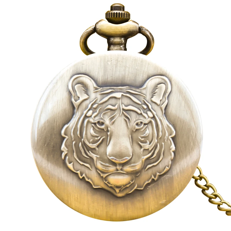 Steampunk Vintage Bronze Animal Tiger Quartz Pocket Watch Necklace Pendant Clock Chain Men Women Chain Gift