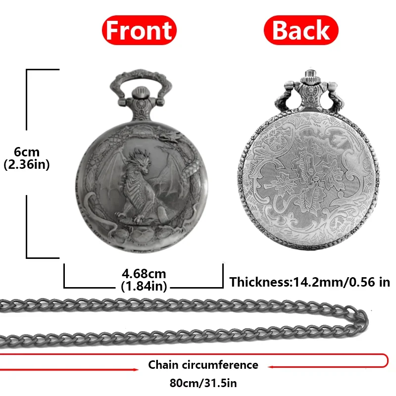 Vintage Steampunk Handsome Dragon Carved Quartz Pocket Watch Necklace Pendant Clock Chain Men's and Women's Gifts
