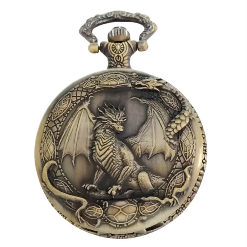 Vintage Steampunk Handsome Dragon Carved Quartz Pocket Watch Necklace Pendant Clock Chain Men's and Women's Gifts