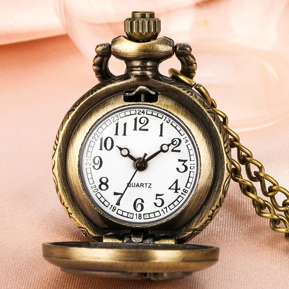 Little Size Bronze Necklace Quartz Pocket Watch Gifts for Kids Arabic Numerals Display White Dial Exquisite Tiny Pocket Clock