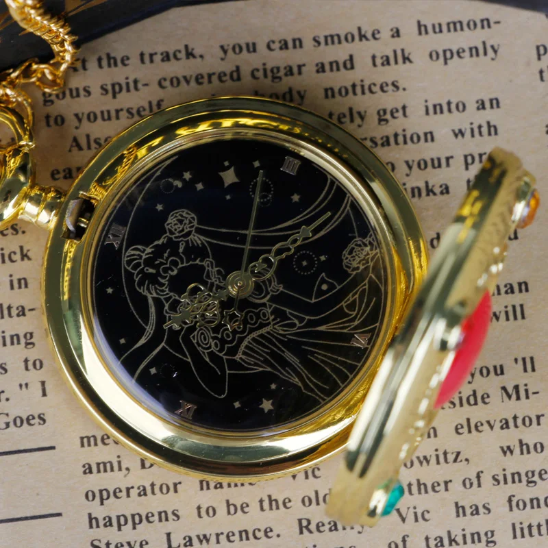 Gold Exquisite Moon Engraving Classic Quartz Pocket Watch Anime Dial Clock Pendant Gift for Girls Children