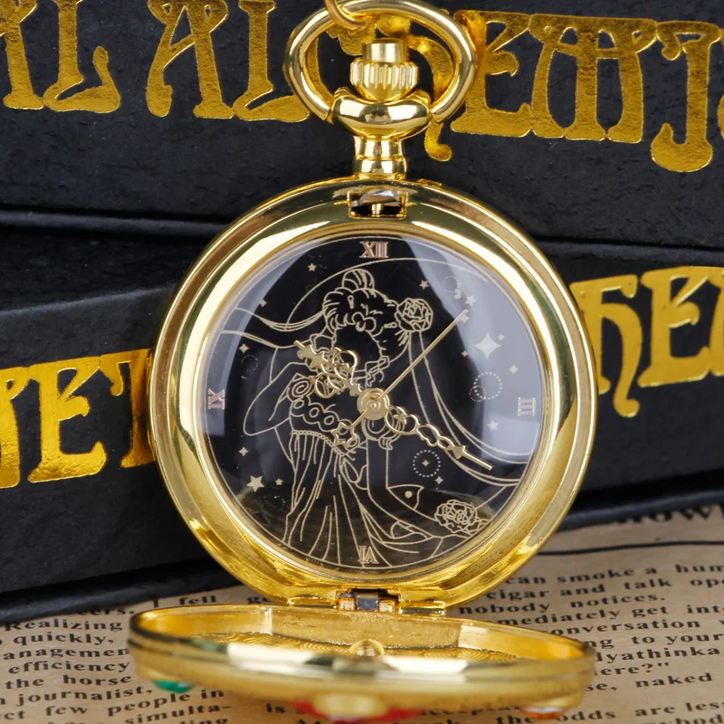 Gold Exquisite Moon Engraving Classic Quartz Pocket Watch Anime Dial Clock Pendant Gift for Girls Children