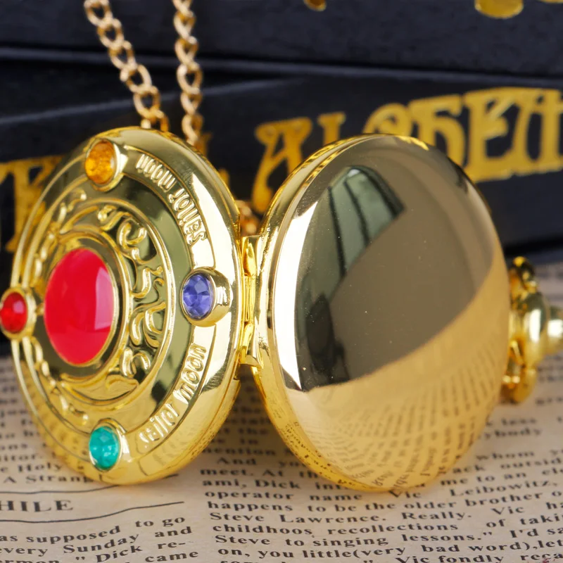 Gold Exquisite Moon Engraving Classic Quartz Pocket Watch Anime Dial Clock Pendant Gift for Girls Children