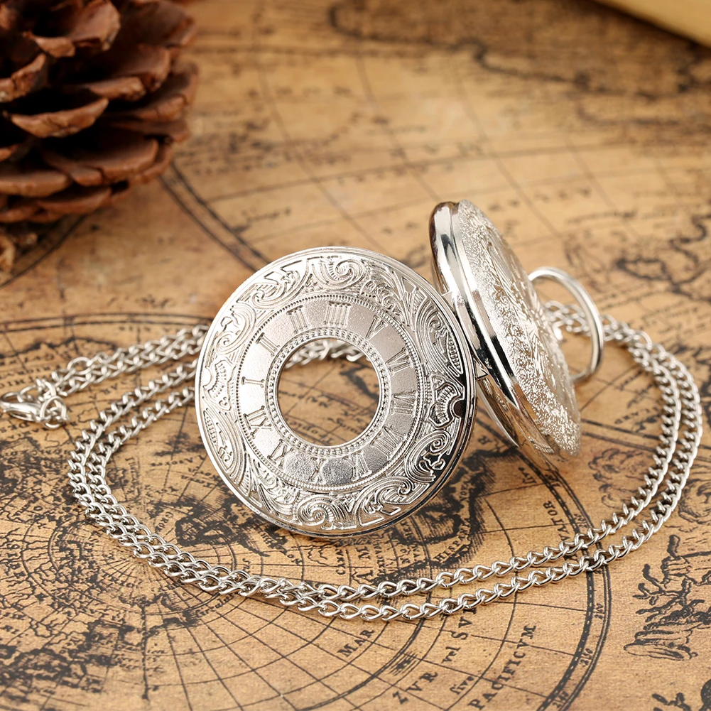 Black Roman Numerals Quartz Pocket Watch Men Women Black Hollow Case Steampunk Vintage Pendant Necklace Best Gifts for Men Women