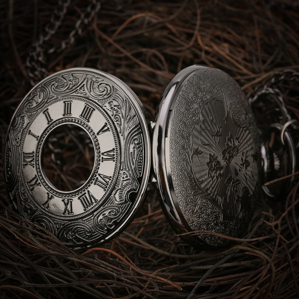Black Roman Numerals Quartz Pocket Watch Men Women Black Hollow Case Steampunk Vintage Pendant Necklace Best Gifts for Men Women