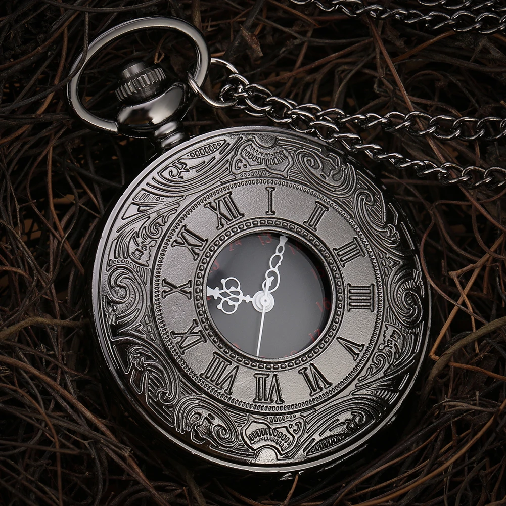 Black Roman Numerals Quartz Pocket Watch Men Women Black Hollow Case Steampunk Vintage Pendant Necklace Best Gifts for Men Women