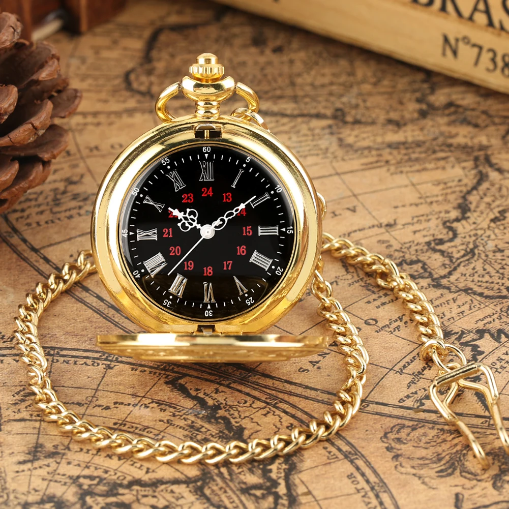 Black Roman Numerals Quartz Pocket Watch Men Women Black Hollow Case Steampunk Vintage Pendant Necklace Best Gifts for Men Women
