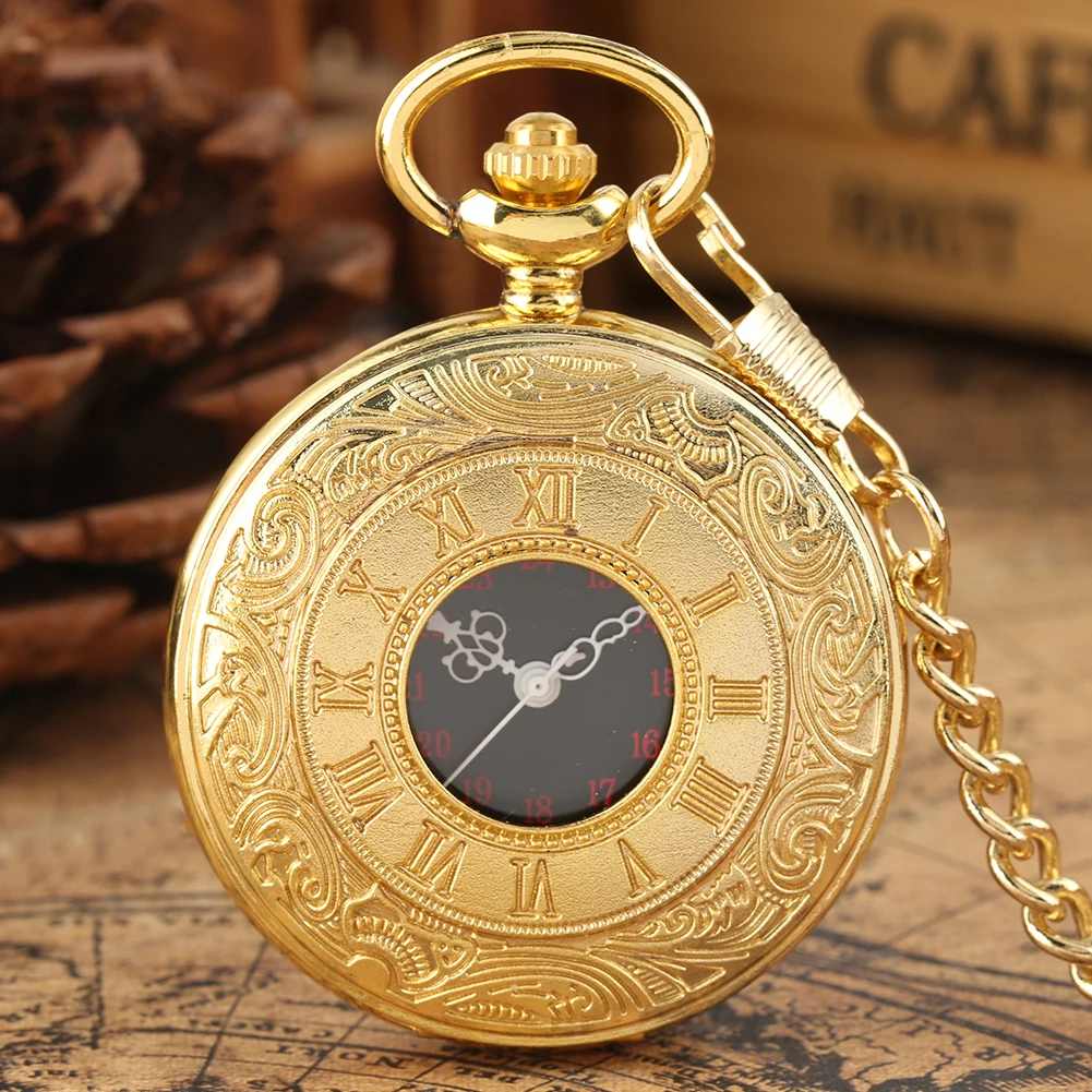 Black Roman Numerals Quartz Pocket Watch Men Women Black Hollow Case Steampunk Vintage Pendant Necklace Best Gifts for Men Women