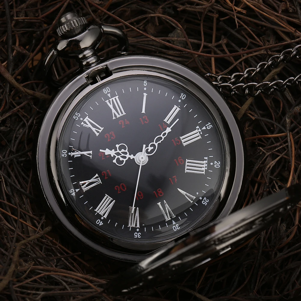 Black Roman Numerals Quartz Pocket Watch Men Women Black Hollow Case Steampunk Vintage Pendant Necklace Best Gifts for Men Women