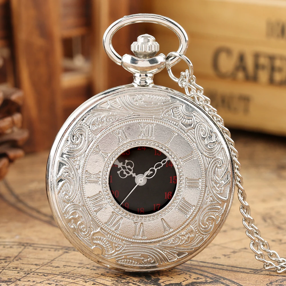 Black Roman Numerals Quartz Pocket Watch Men Women Black Hollow Case Steampunk Vintage Pendant Necklace Best Gifts for Men Women