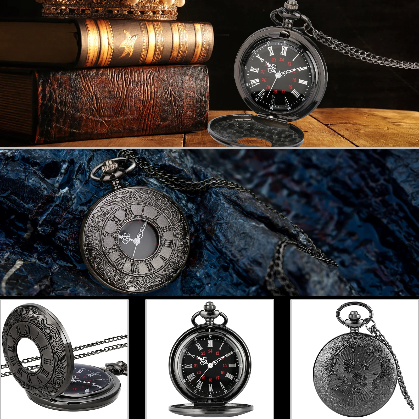 Black Roman Numerals Quartz Pocket Watch Men Women Black Hollow Case Steampunk Vintage Pendant Necklace Best Gifts for Men Women