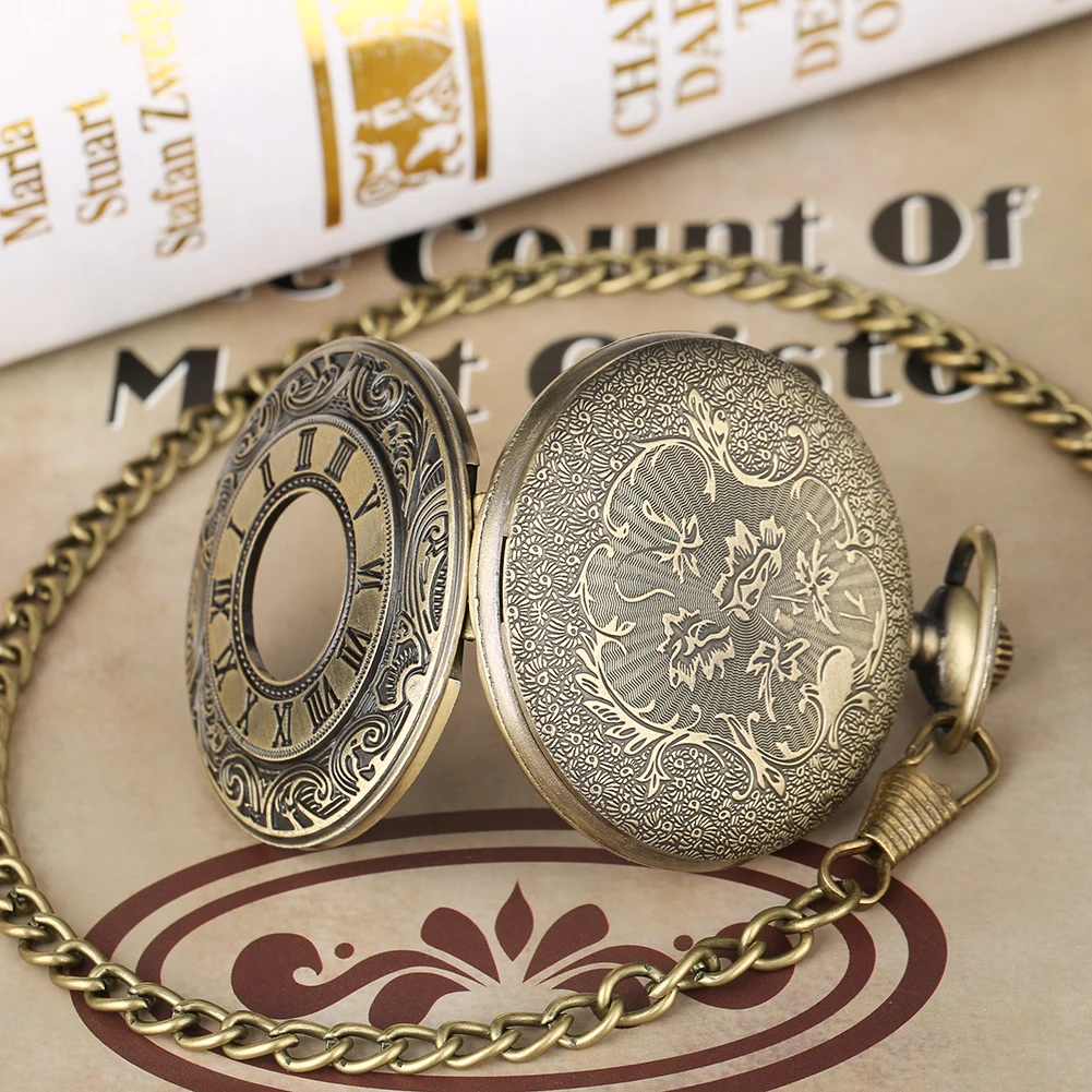 Black Roman Numerals Quartz Pocket Watch Men Women Black Hollow Case Steampunk Vintage Pendant Necklace Best Gifts for Men Women