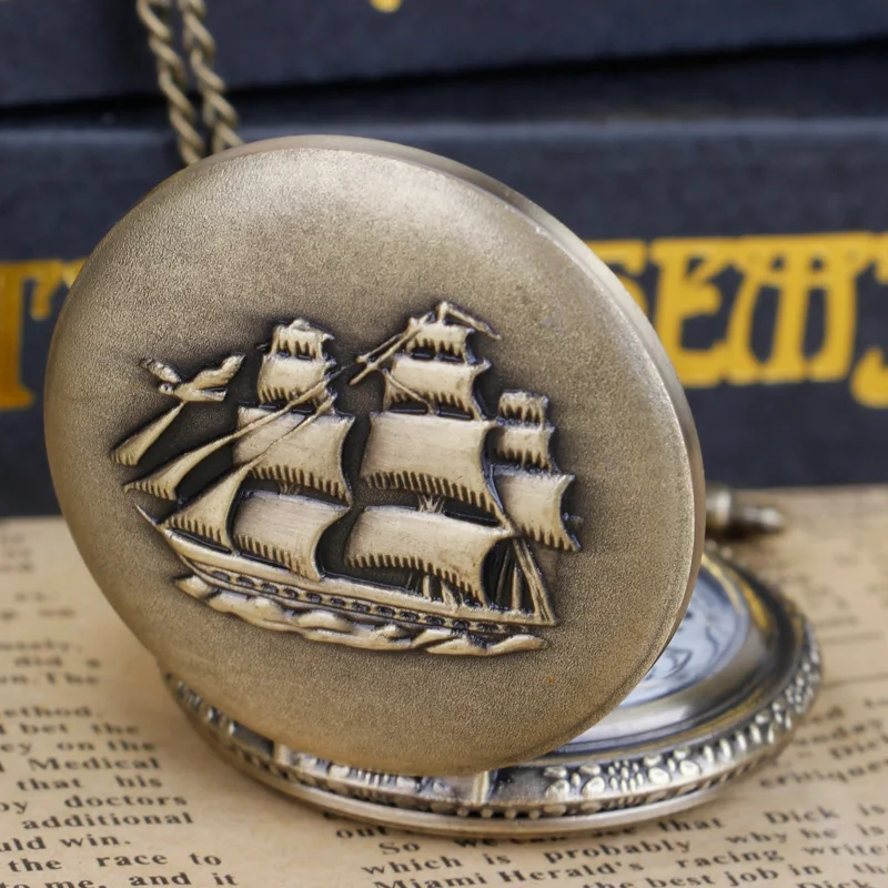 Men’s Vintage Bronze Sailing Ship Pendant Pocket Watch: Distinctive Nautical-Infused Timing Jewelry Watch Gifts