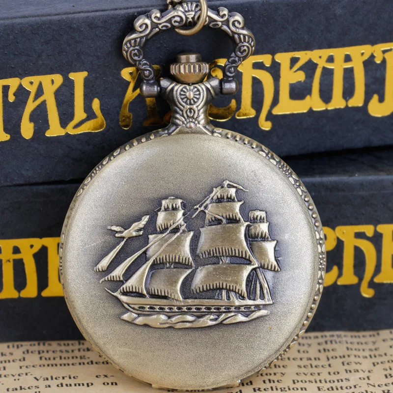 Men’s Vintage Bronze Sailing Ship Pendant Pocket Watch: Distinctive Nautical-Infused Timing Jewelry Watch Gifts