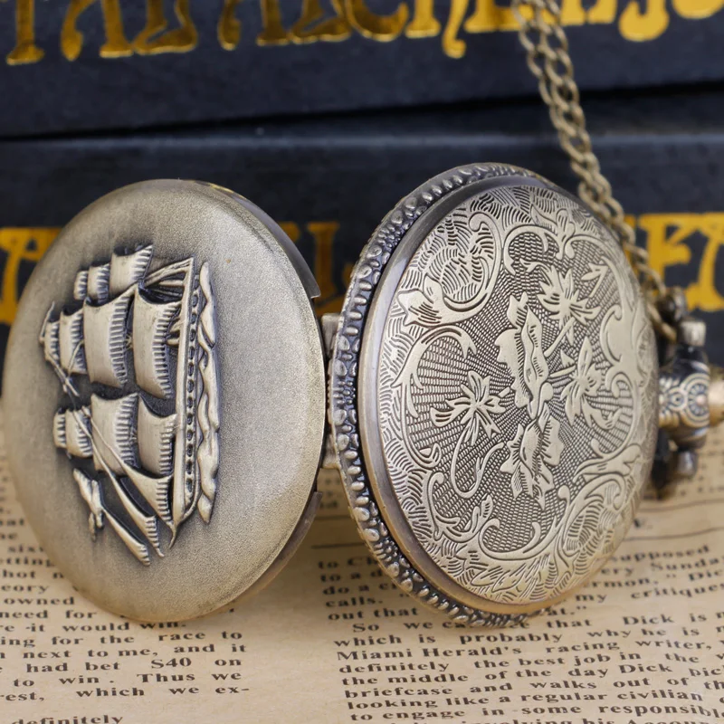 Men’s Vintage Bronze Sailing Ship Pendant Pocket Watch: Distinctive Nautical-Infused Timing Jewelry Watch Gifts
