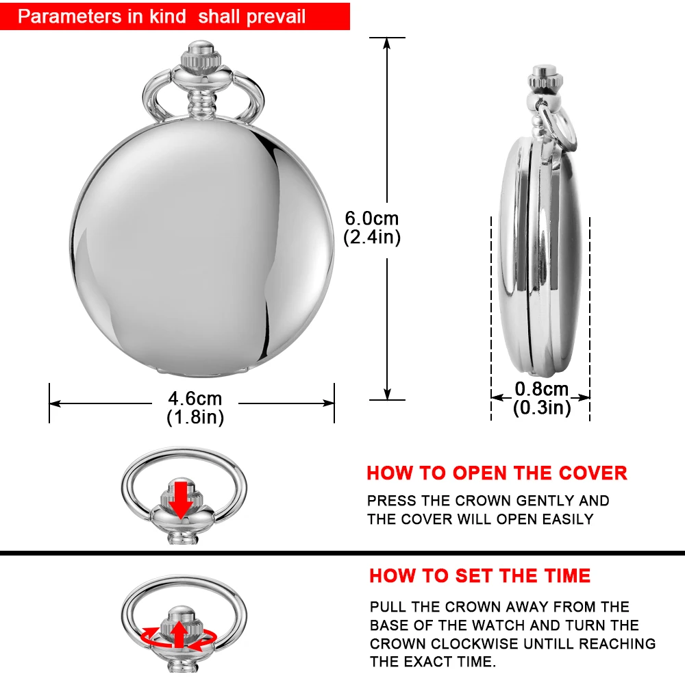 Vintage Silver Smooth Steel Pocket Watch with Chain Roman Numerals Silver Men's Quartz Pocket Watches for Men