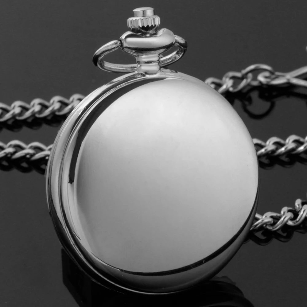 Vintage Silver Smooth Steel Pocket Watch with Chain Roman Numerals Silver Men's Quartz Pocket Watches for Men