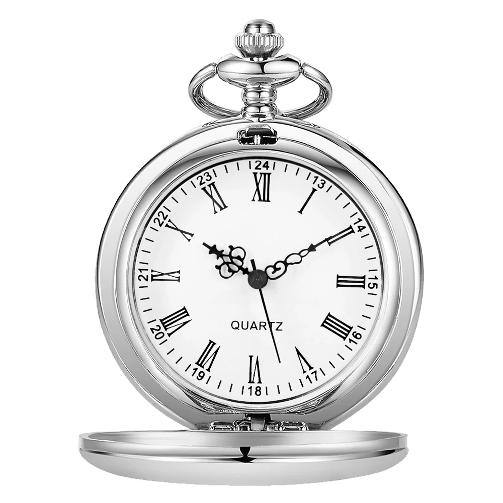 Vintage Silver Smooth Steel Pocket Watch with Chain Roman Numerals Silver Men's Quartz Pocket Watches for Men