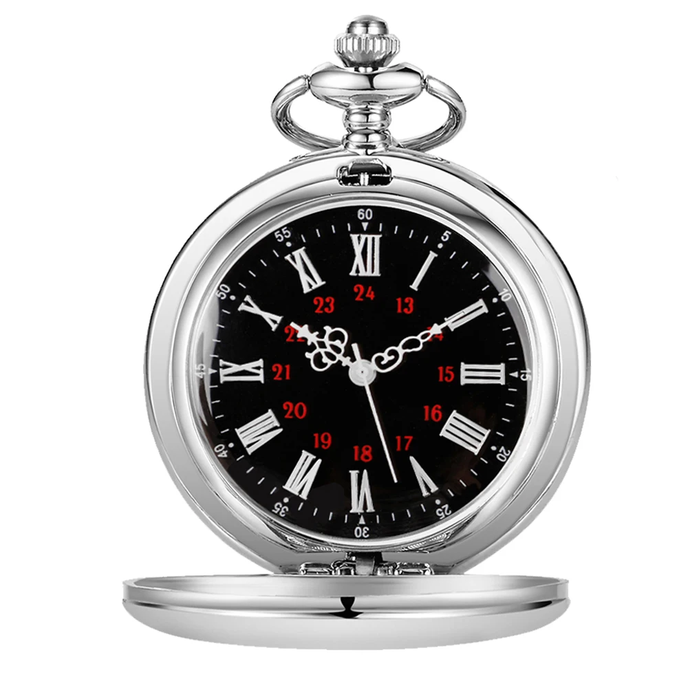 Vintage Silver Smooth Steel Pocket Watch with Chain Roman Numerals Silver Men's Quartz Pocket Watches for Men