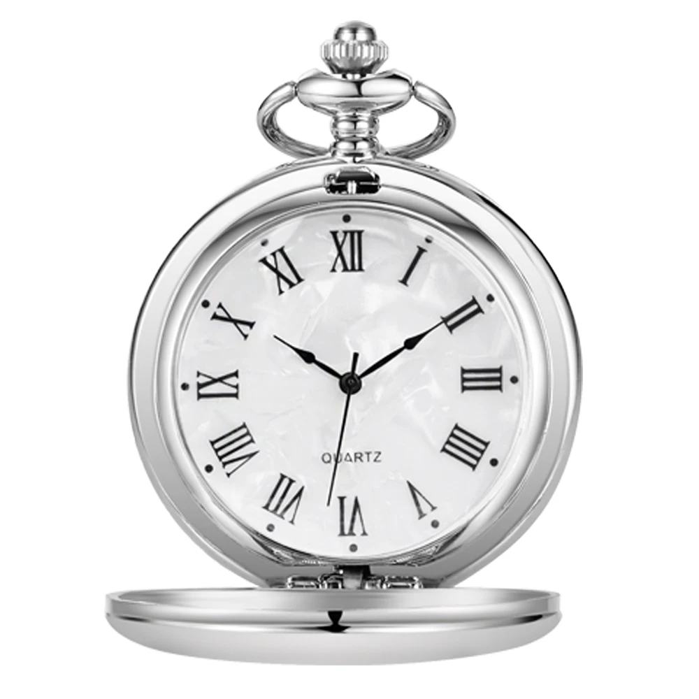 Vintage Silver Smooth Steel Pocket Watch with Chain Roman Numerals Silver Men's Quartz Pocket Watches for Men
