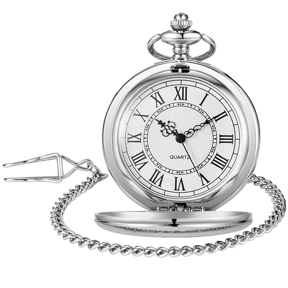 Vintage Silver Smooth Steel Pocket Watch with Chain Roman Numerals Silver Men's Quartz Pocket Watches for Men