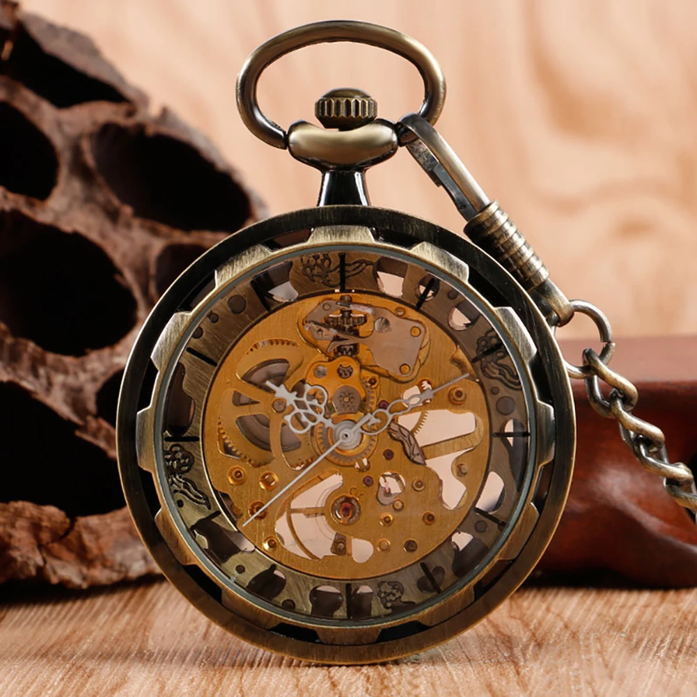 Steampunk Watch for Men Women Luxury Hand-winding Mechanical Pocket Watches Silver Gold Bronze Balck Pendant with Fob Chian