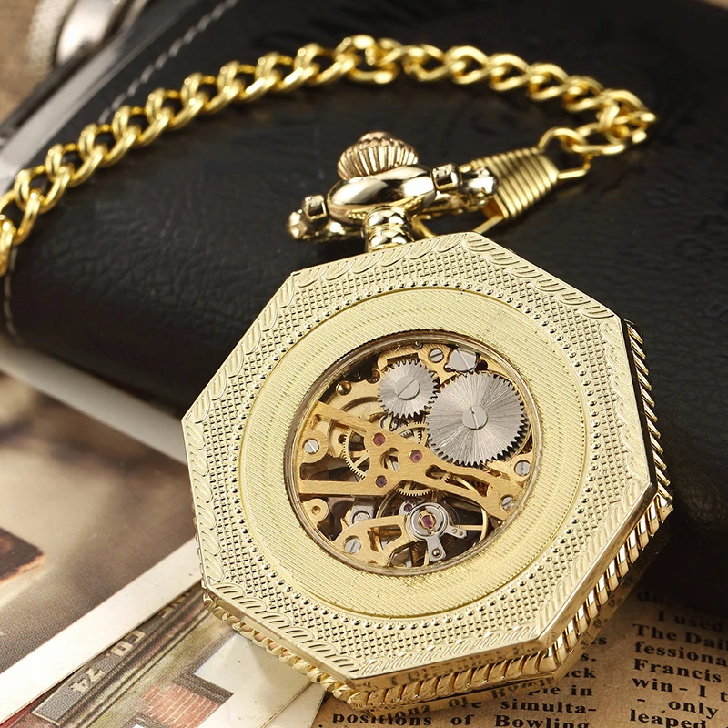 Octagon Round Vintage Man Pocket Watch fob with chain steampunk Pendant Watches for Men Pendant retro clock Necklace