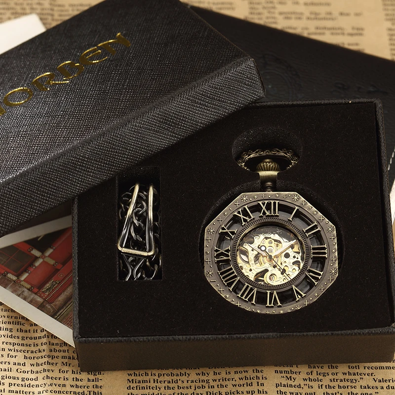 Octagon Round Vintage Man Pocket Watch fob with chain steampunk Pendant Watches for Men Pendant retro clock Necklace