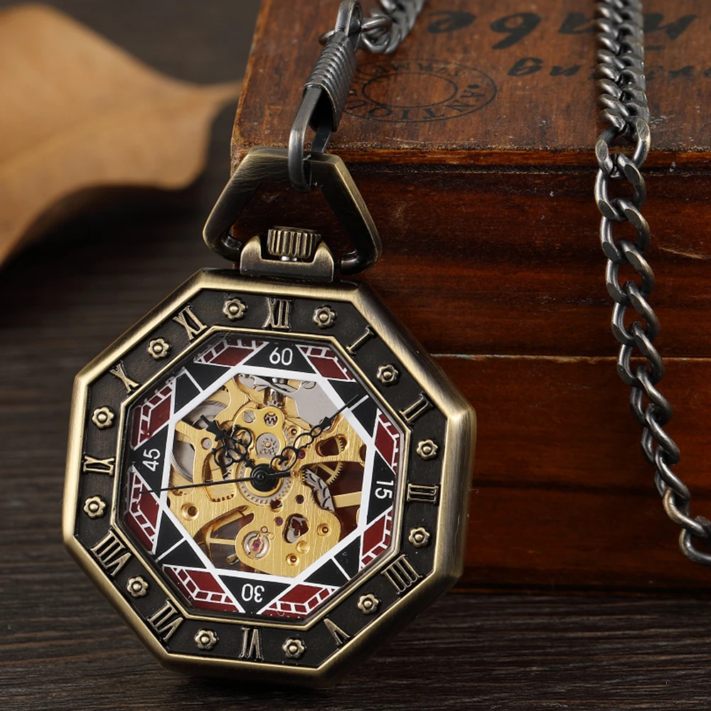 Octagon Round Vintage Man Pocket Watch fob with chain steampunk Pendant Watches for Men Pendant retro clock Necklace