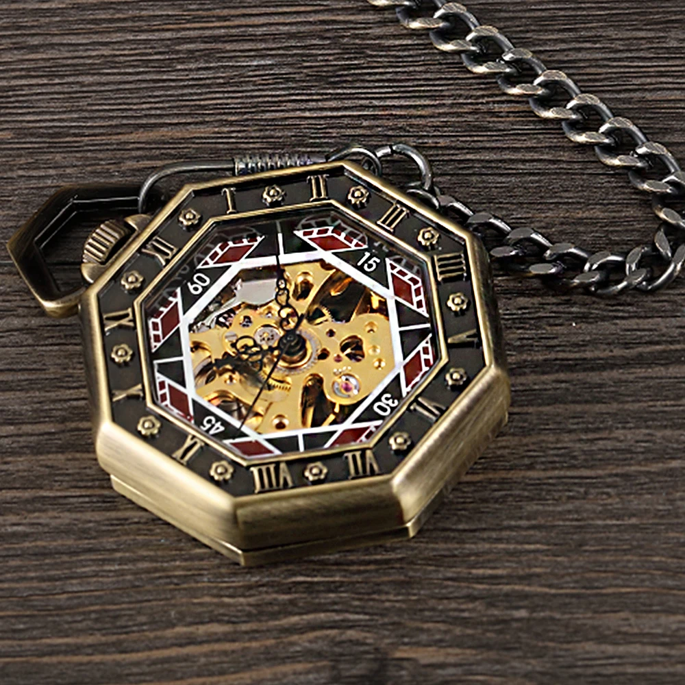Octagon Round Vintage Man Pocket Watch fob with chain steampunk Pendant Watches for Men Pendant retro clock Necklace