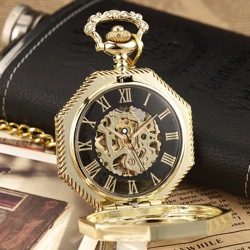 Octagon Round Vintage Man Pocket Watch fob with chain steampunk Pendant Watches for Men Pendant retro clock Necklace