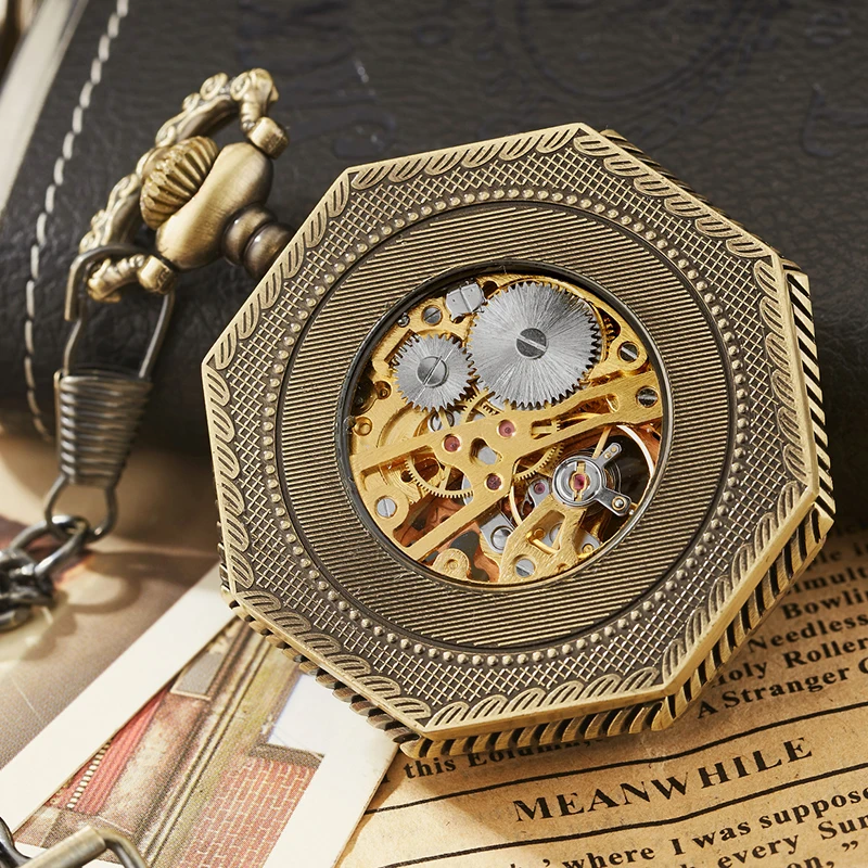 Octagon Round Vintage Man Pocket Watch fob with chain steampunk Pendant Watches for Men Pendant retro clock Necklace