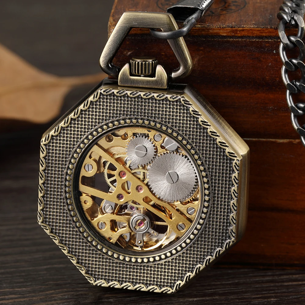 Octagon Round Vintage Man Pocket Watch fob with chain steampunk Pendant Watches for Men Pendant retro clock Necklace