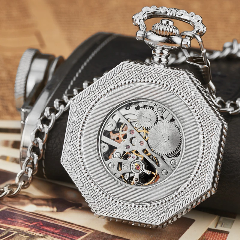 Octagon Round Vintage Man Pocket Watch fob with chain steampunk Pendant Watches for Men Pendant retro clock Necklace