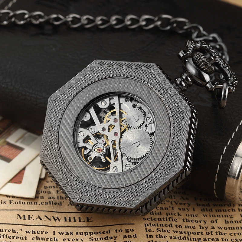 Octagon Round Vintage Man Pocket Watch fob with chain steampunk Pendant Watches for Men Pendant retro clock Necklace